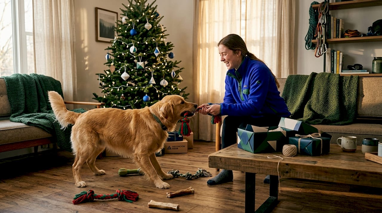 Golden retriever and owner play with holiday dog toy