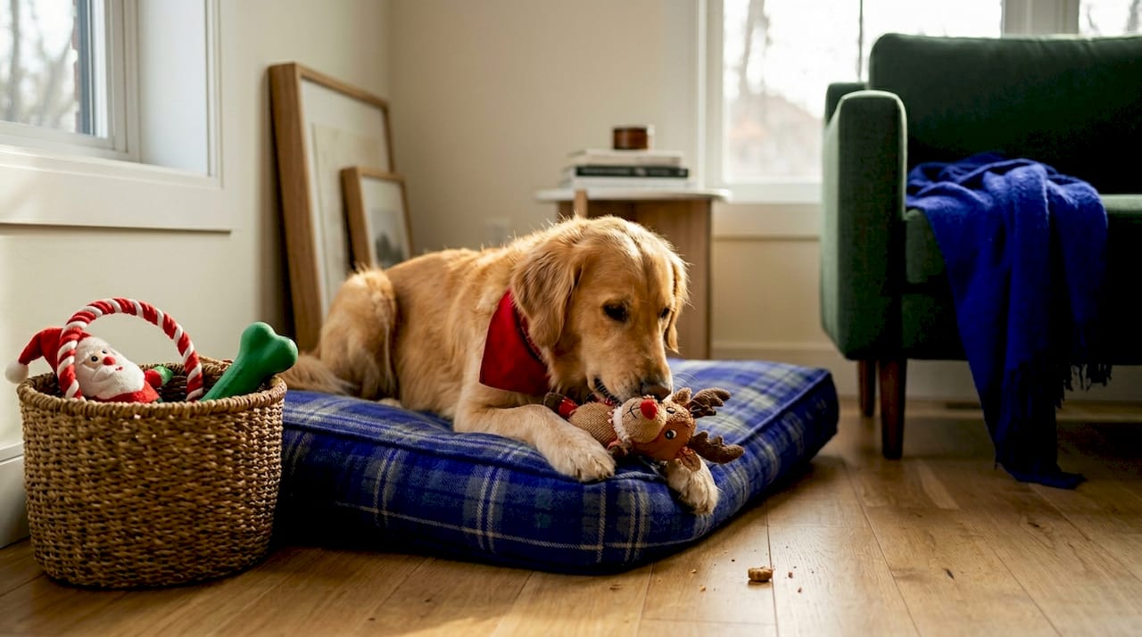 Dog in living room with holiday accessories