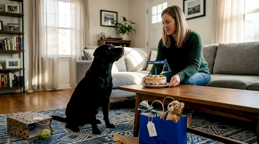 Dog eagerly awaits birthday cake at home