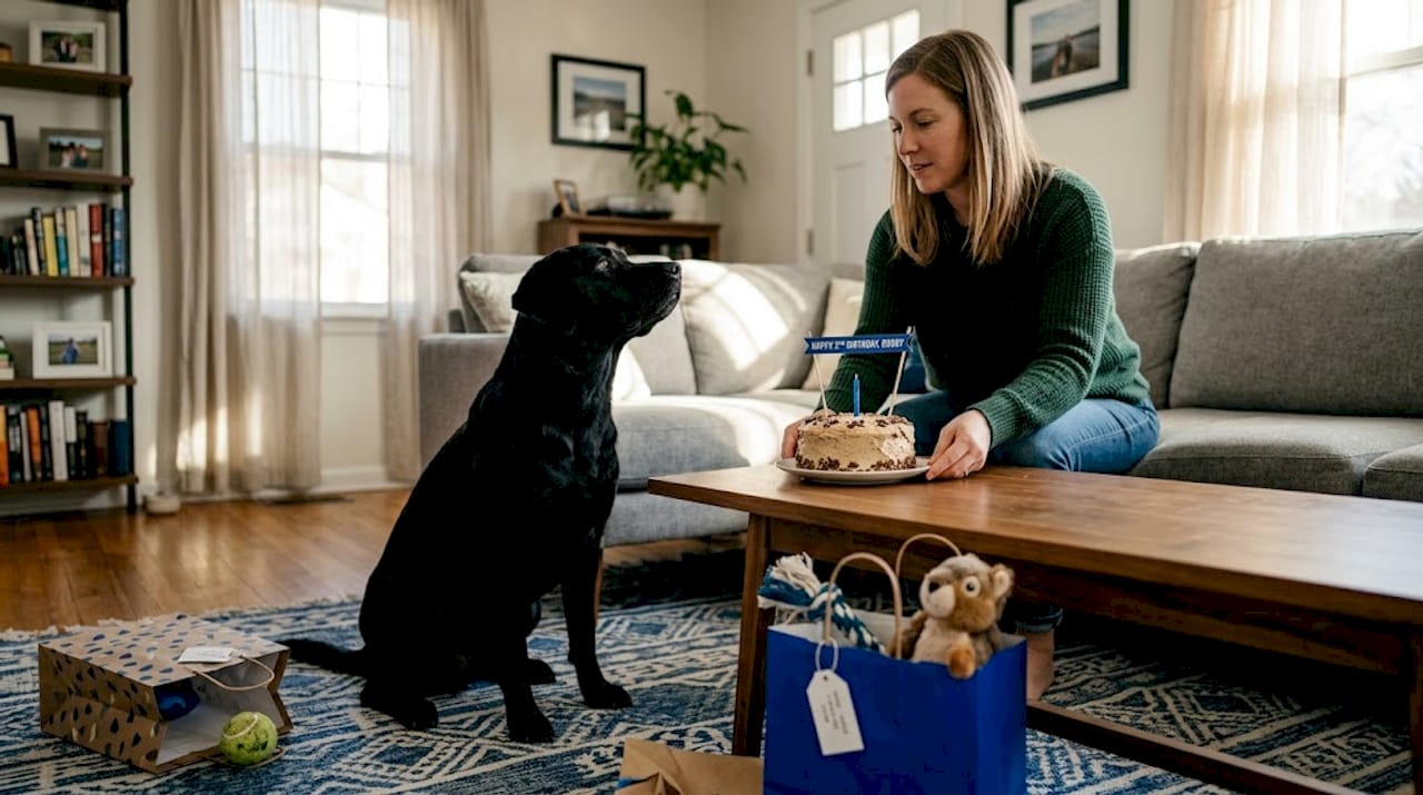 Dog eagerly awaits birthday cake at home