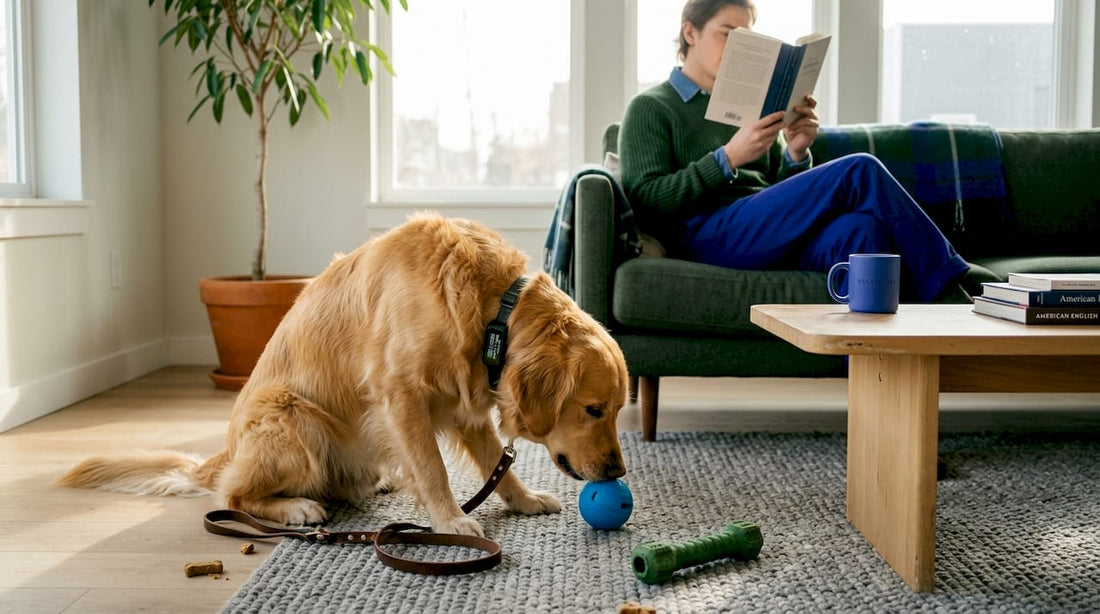 Dog with accessories in family living room