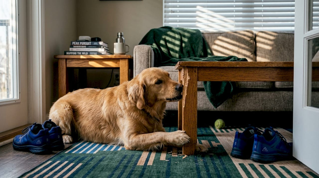 Dog chewing furniture in relaxed living room