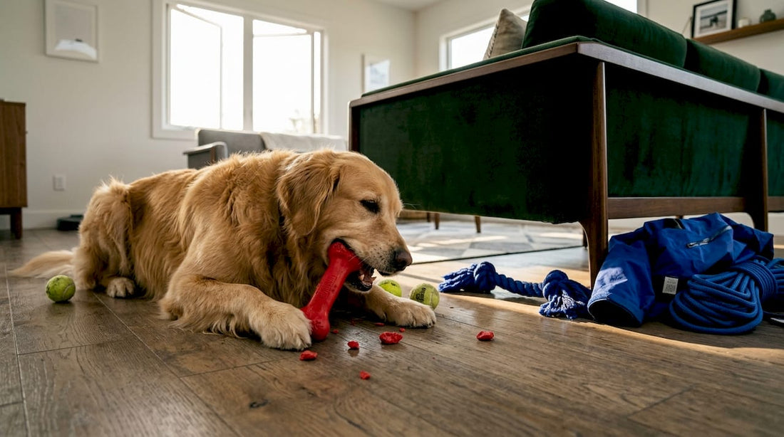 Dog tests toughness of rubber bone toy