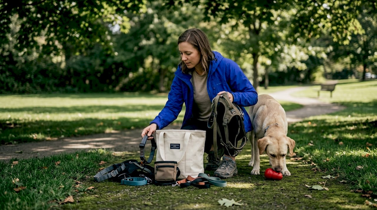Dog owner examining various outdoor dog gear options
