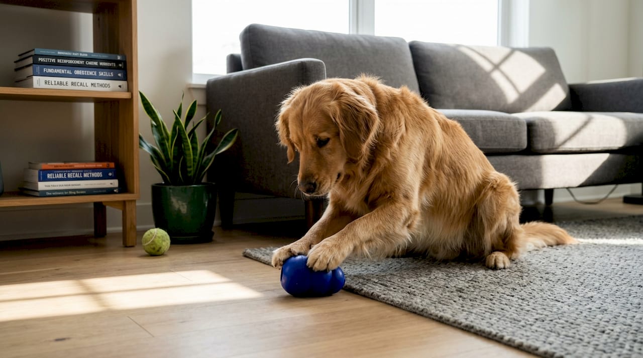 Dog using treat toy in sunlit living room
