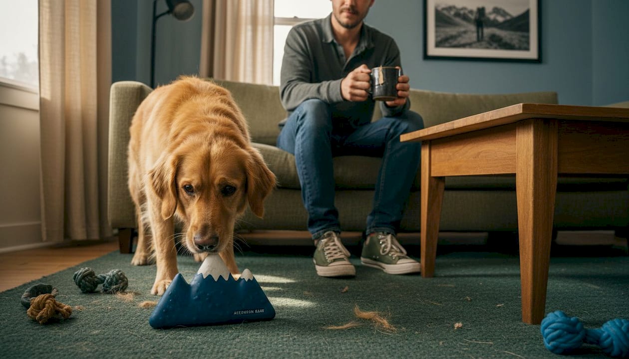 Dog inspecting new toy in living room