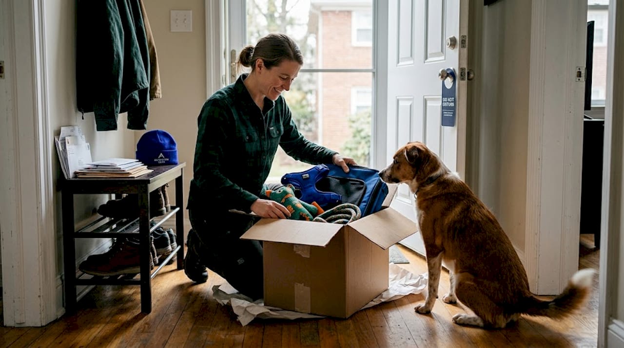 Woman opens pet bundle box at home entrance