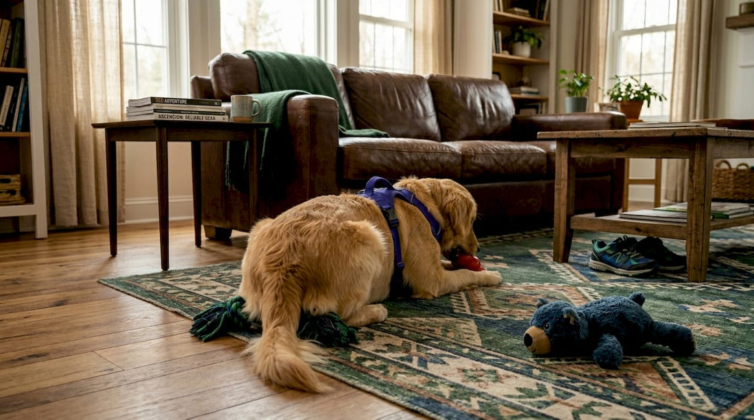 Golden Retriever chewing toy in family living room