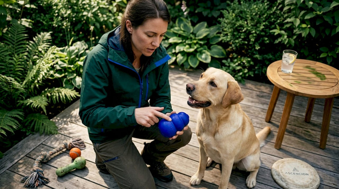 Woman tests dog toy durability with Labrador