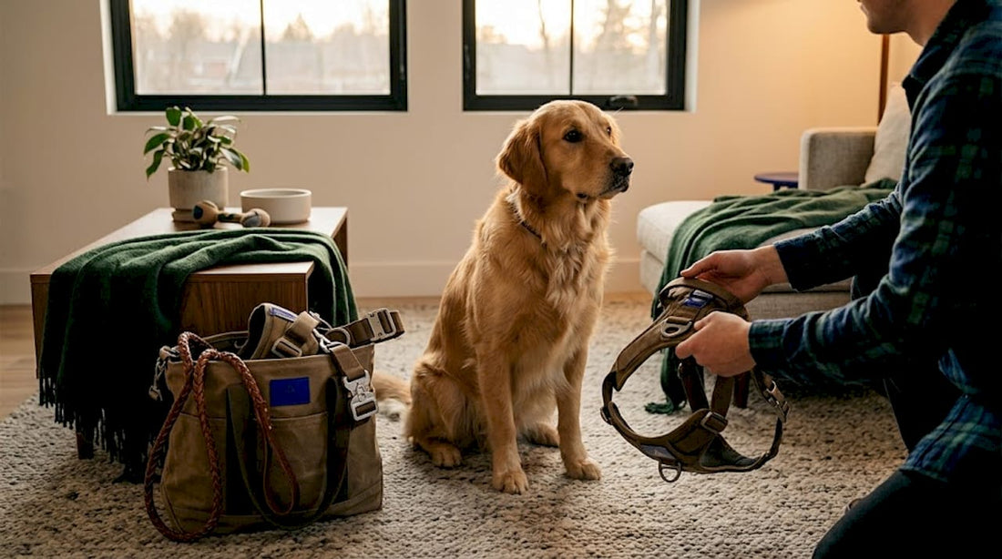 Dog exploring premium accessories at home