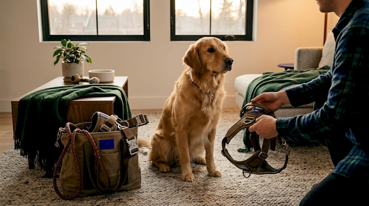 Dog exploring premium accessories at home