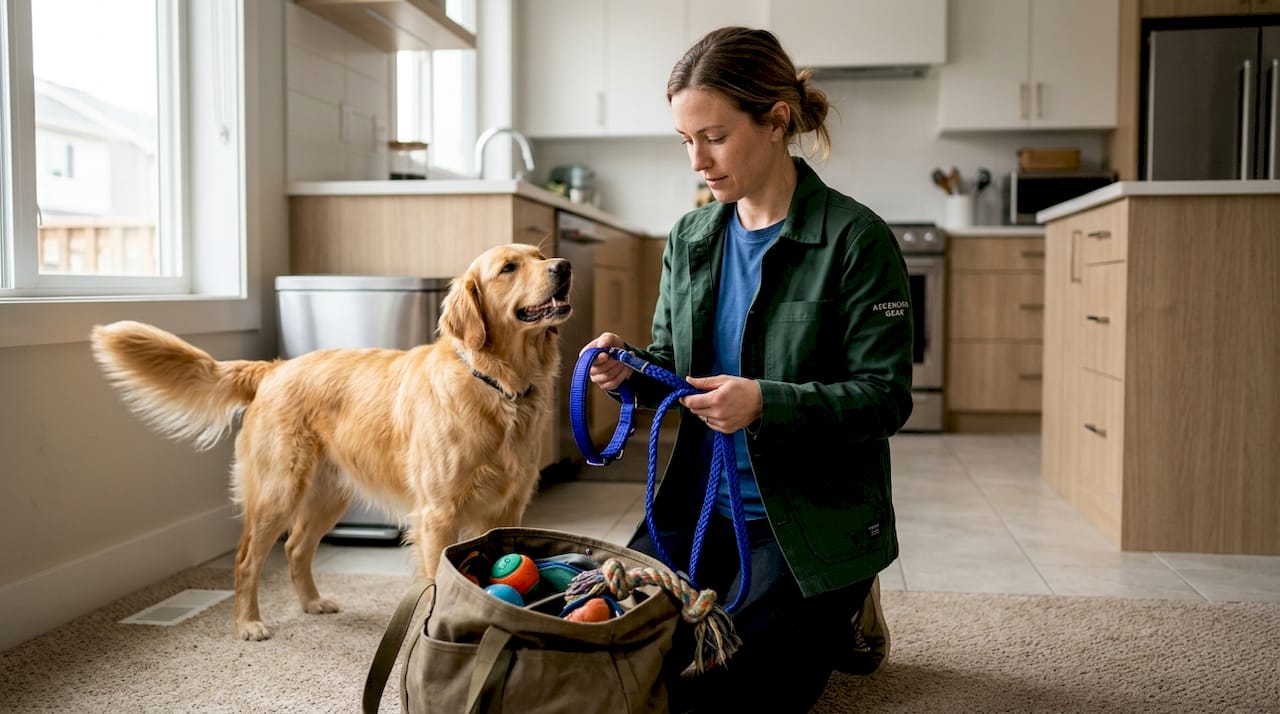Dog owner inspects leash and collar for wear