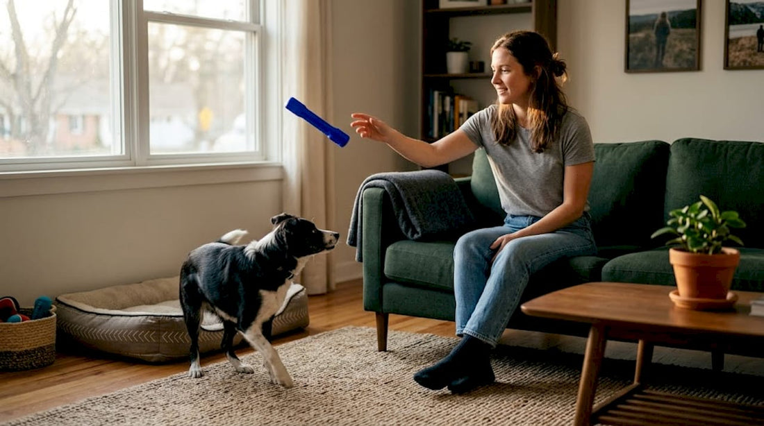 Dog playing with owner in bright home