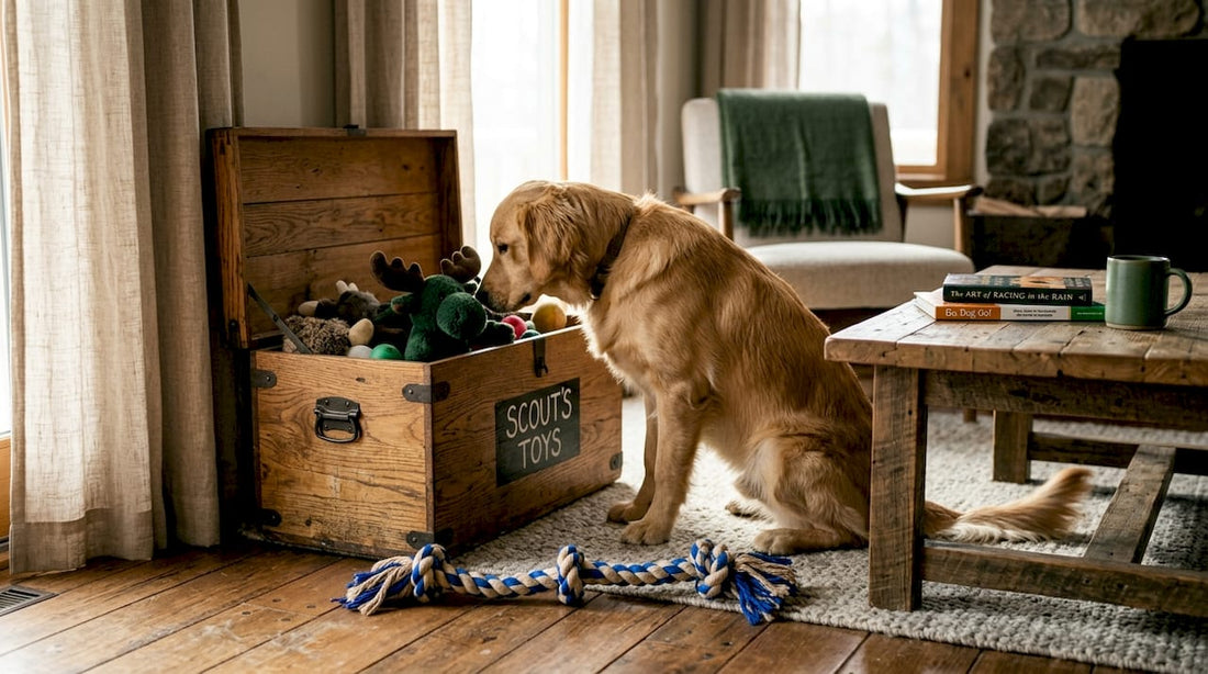 Dog exploring fresh toys in living room