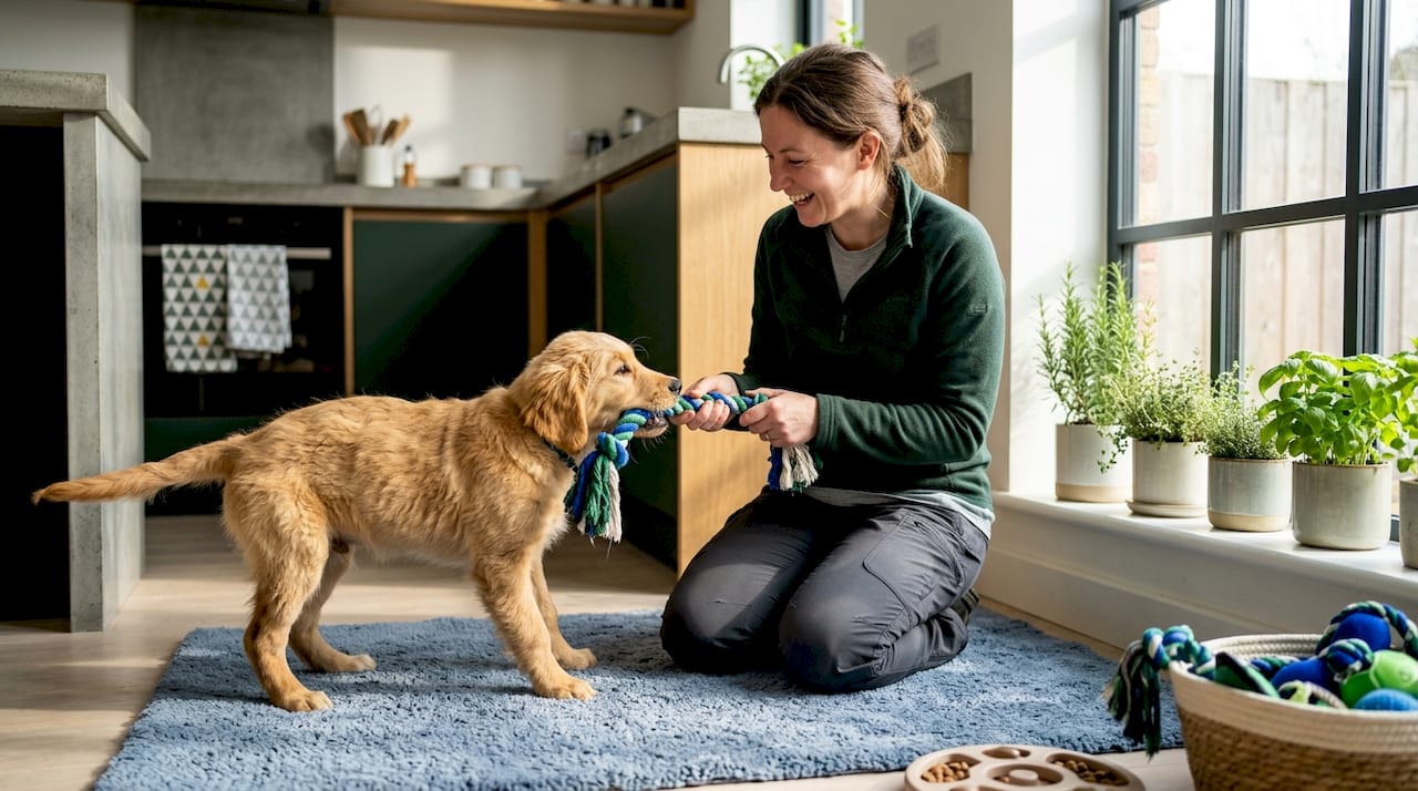 Puppy and owner playing with rope toy indoors