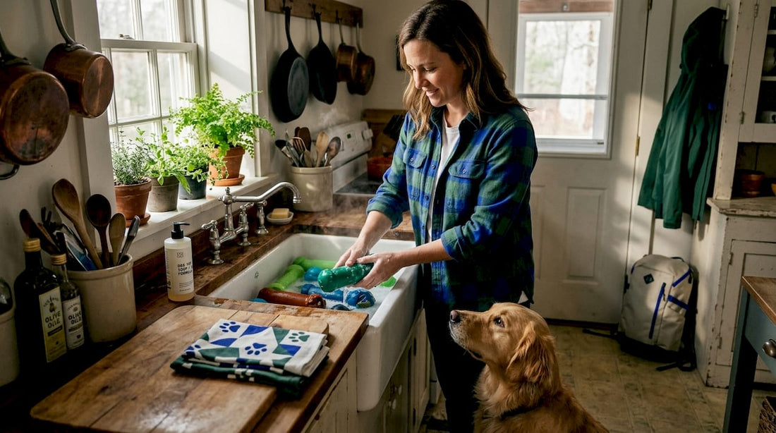 Woman washing dog toys in kitchen sink