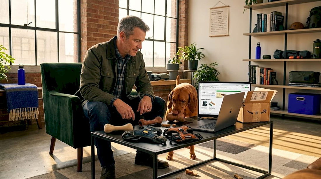 Dog owner comparing pet gear at home