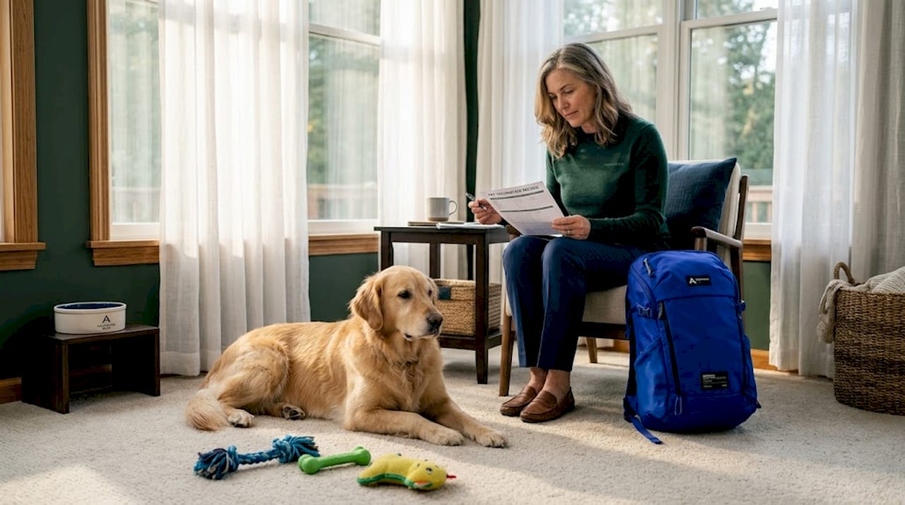 Dog relaxing as owner reviews health records