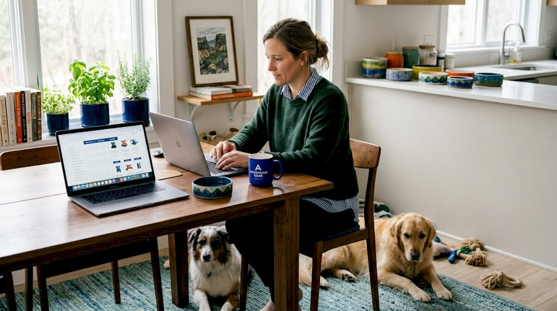 Pet owner comparing dog gear with dogs nearby