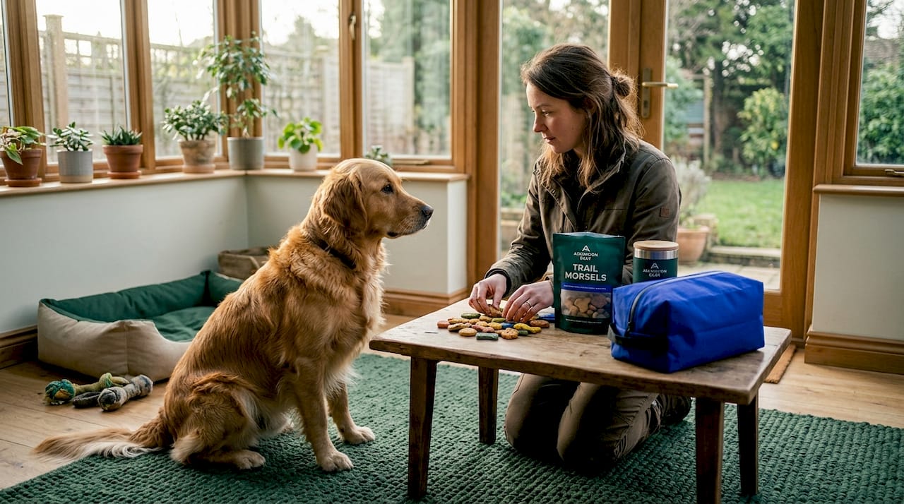 Dog and owner with dog treats in living room