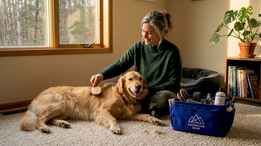 Woman grooming golden retriever with brushes at home