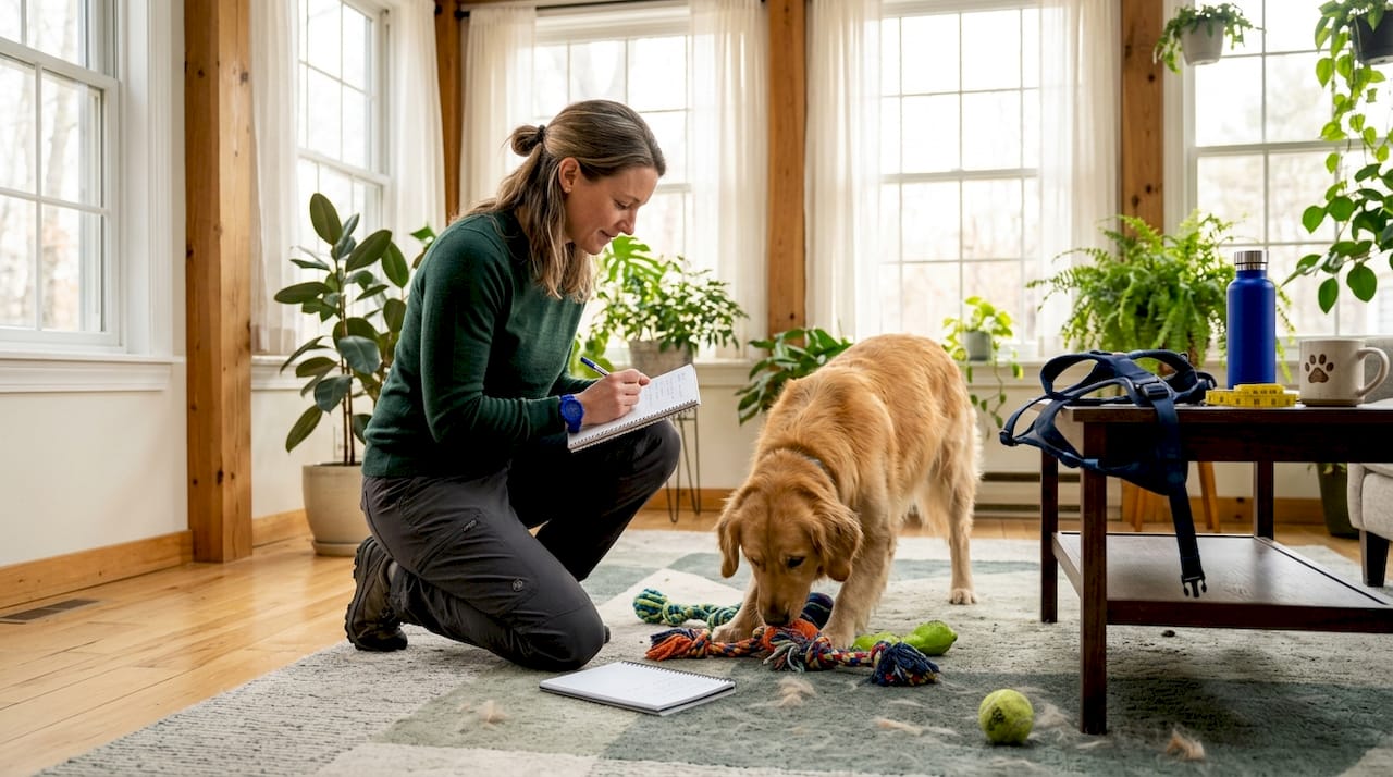 Owner assessing dog profile with toys at home