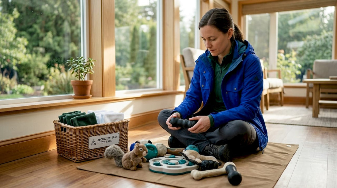 Woman sorting and inspecting dog toys for cleaning