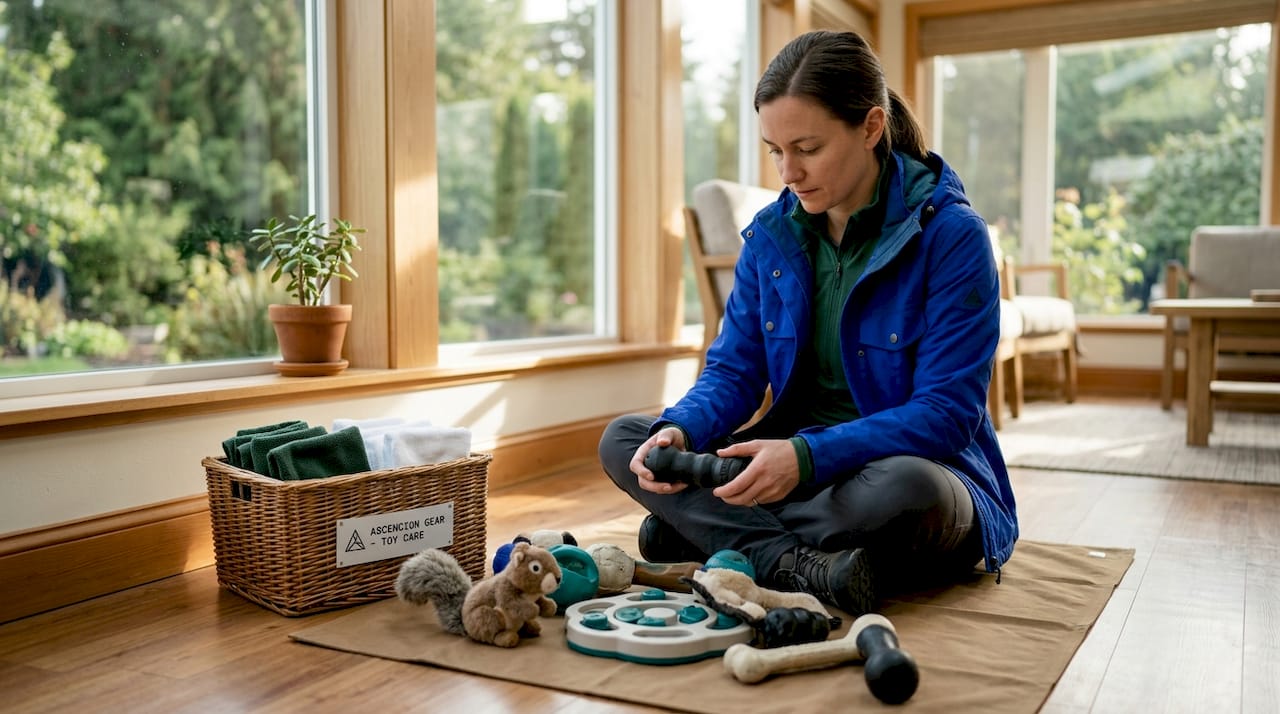 Woman sorting and inspecting dog toys for cleaning