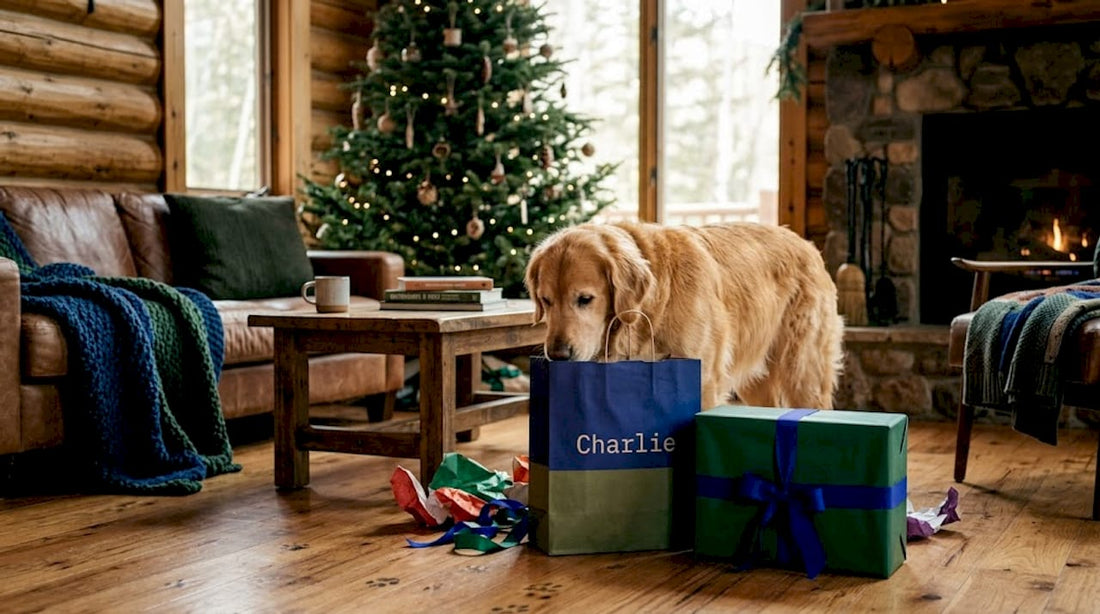 Dog opening holiday gift in cozy living room