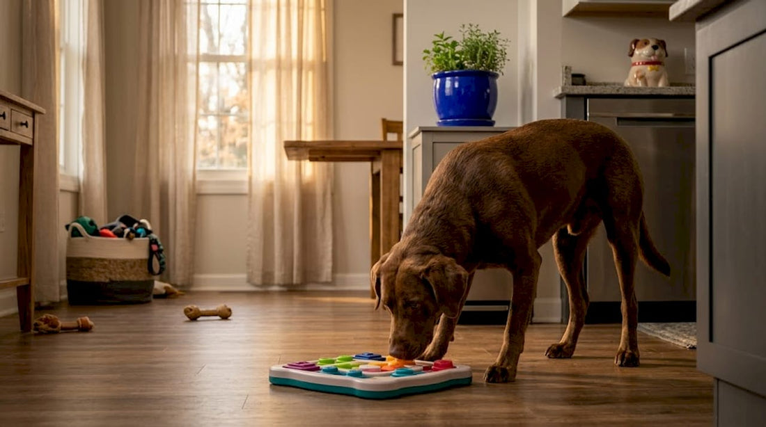 Dog using puzzle toy in living room
