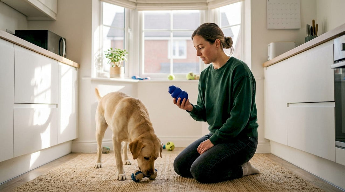 Owner inspecting dog toys for safety