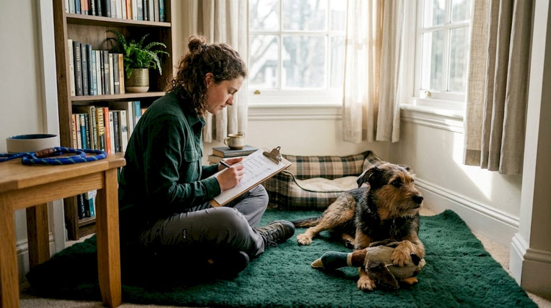 Dog owner reviewing checklist in living room
