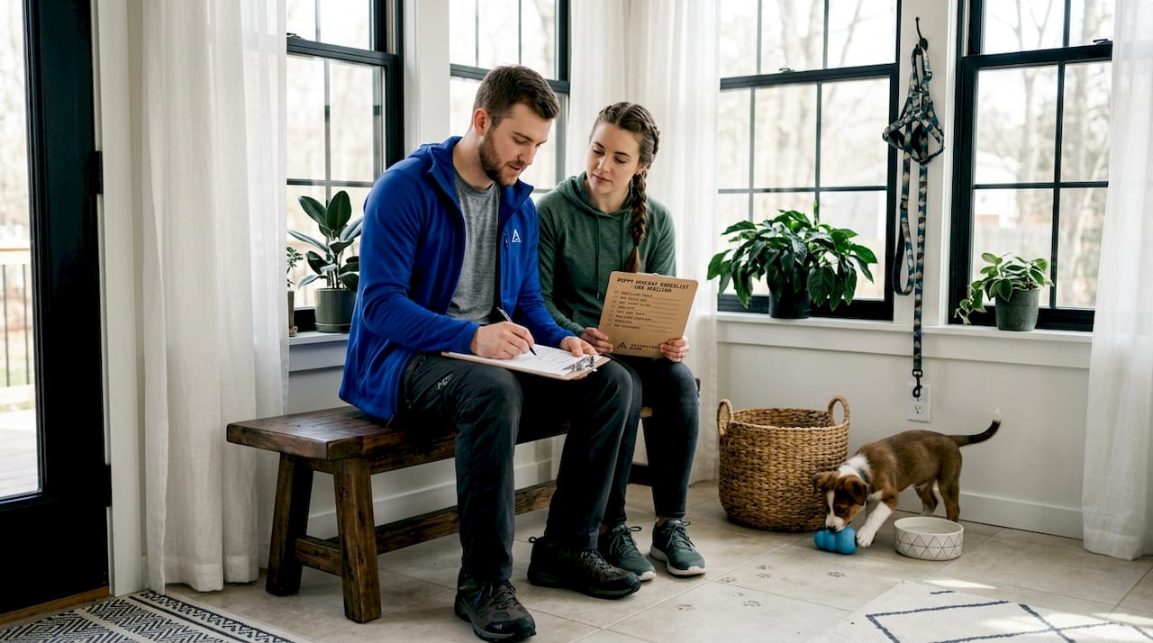 Couple reviewing checklist with playful puppy