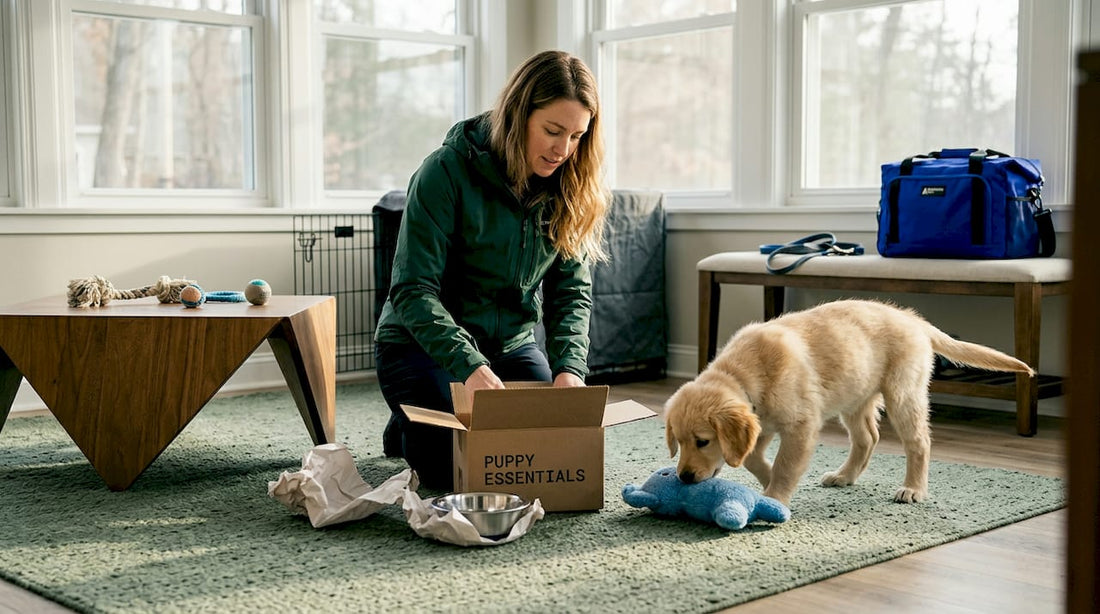Owner and puppy unpack starter kit at home