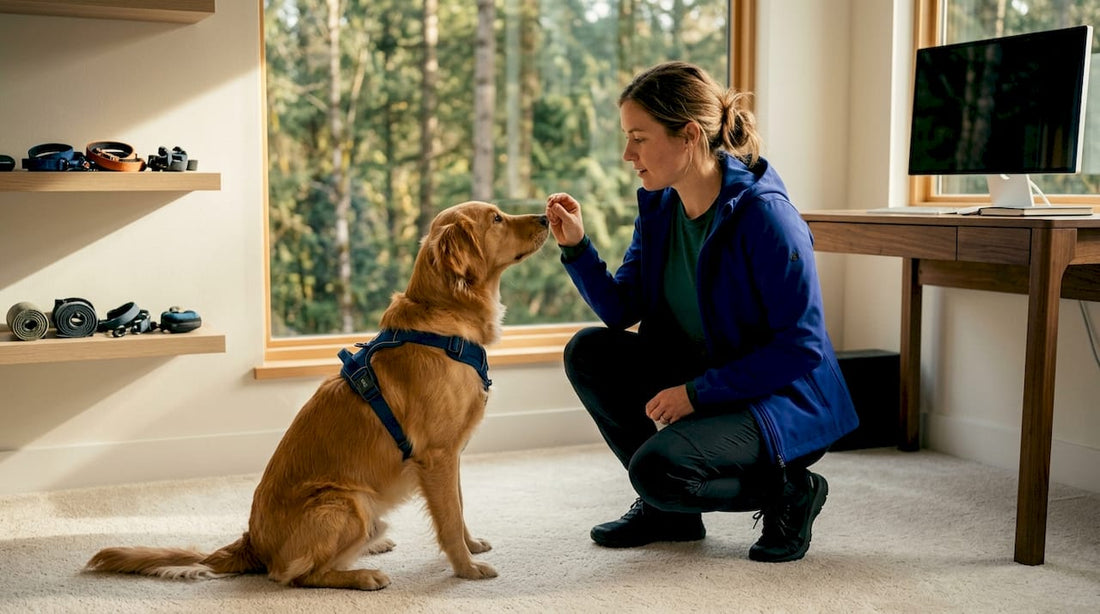 Dog trainer working with golden retriever using treats