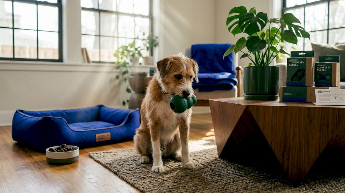 Dog playing with rubber treat toy indoors