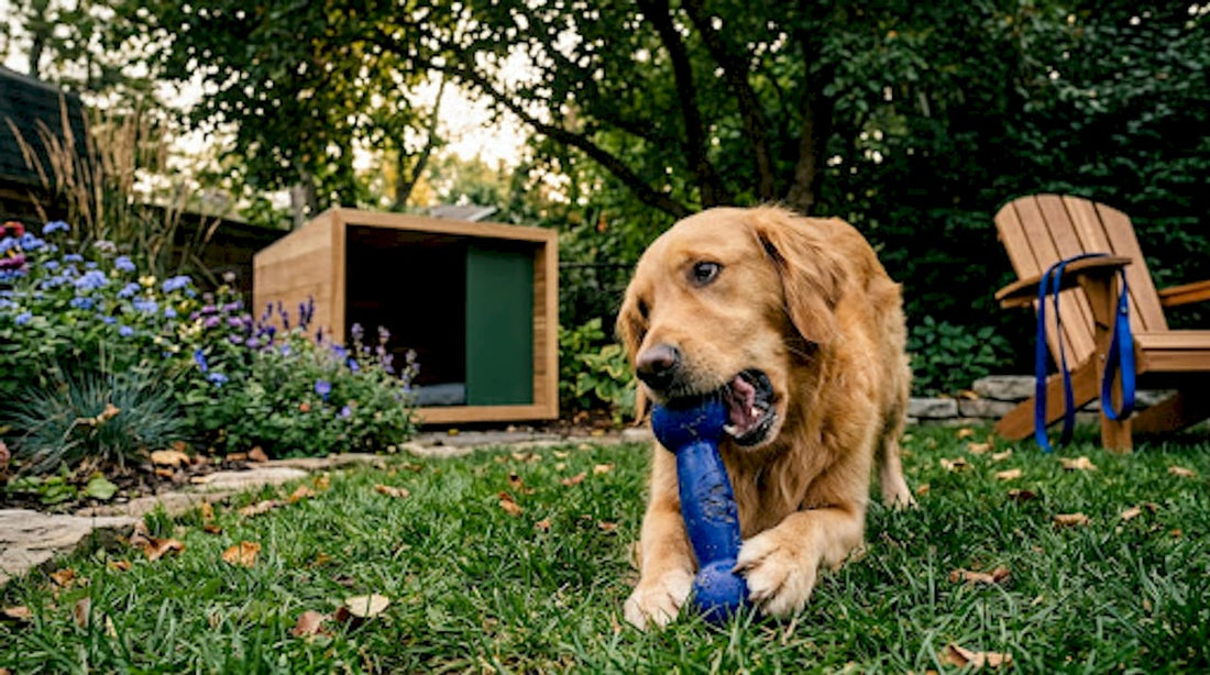 Golden retriever playing with premium dog toy