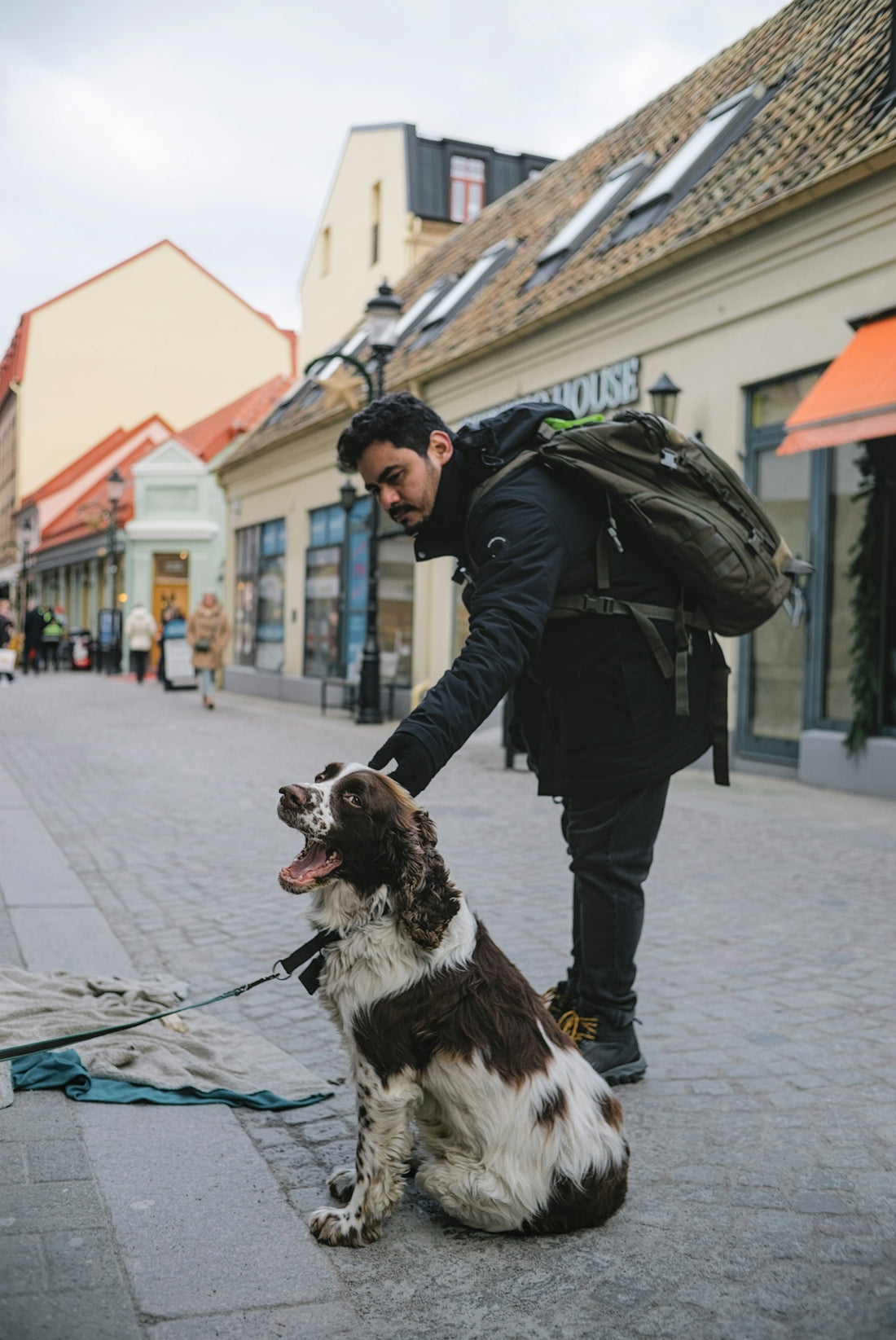 Man petting a dog on a city street.