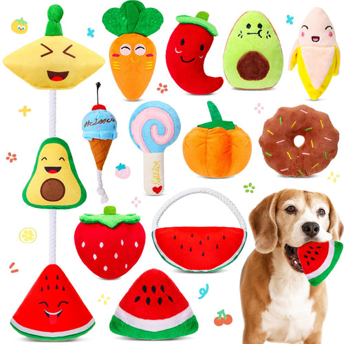 12-piece squeaky plush fruit and vegetable dog toy set with golden retrieve